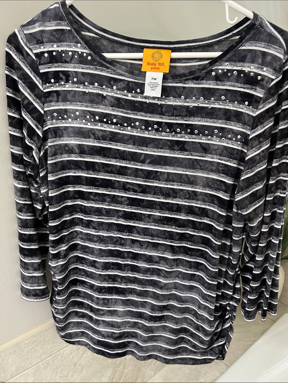 Ruby Rd. Black & White Striped Scoop Neck Top with Stud Detail
